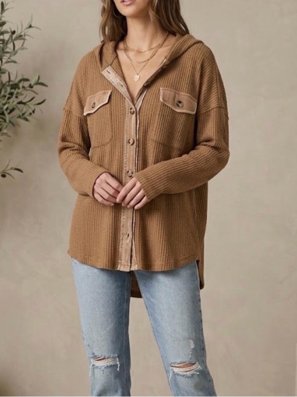 Maya Waffle Knit Oversized Button Up Hoodie Shacket Top Neutral Tan Size Large